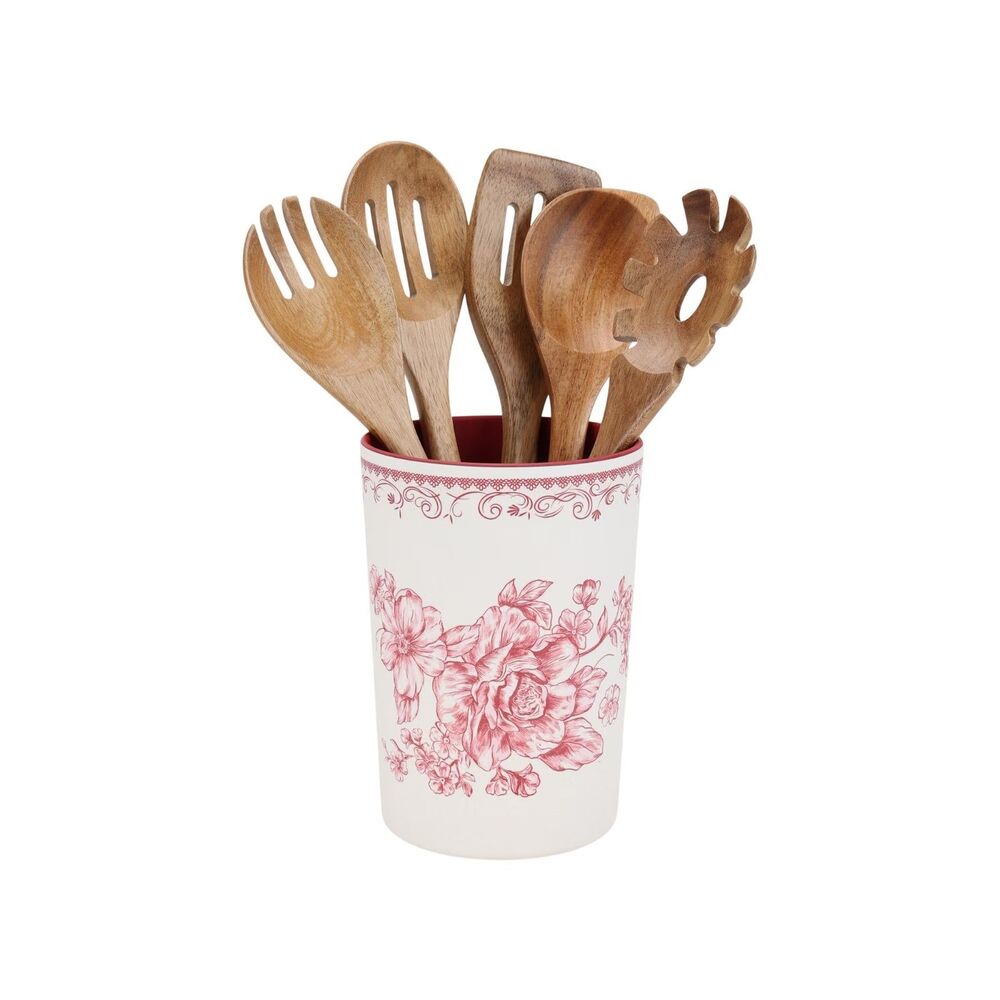 Pioneer Woman Agatha Red 6 Piece Acacia Wood & Melamine Crock Set
